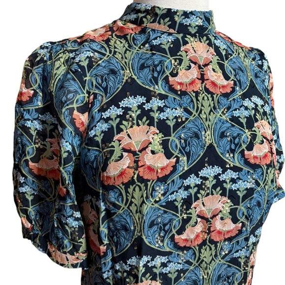 Meadow Rue Anthropologie Art Nouveau Floral Gold Metallic High Neck Keyhole Top - Picture 4 of 10